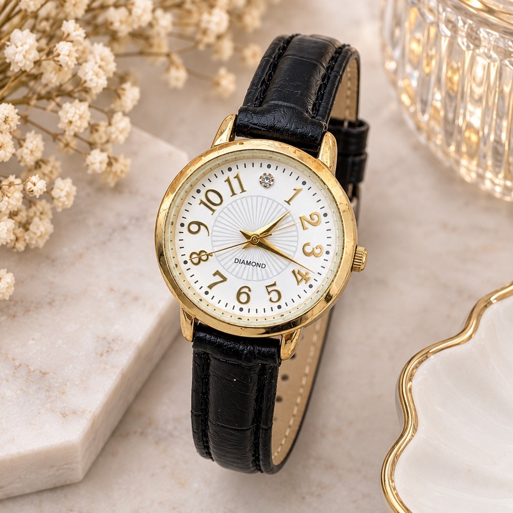 FMD Women Gold Tone Watch Black Faux Leather Strap Diamond Accent FMDKH360